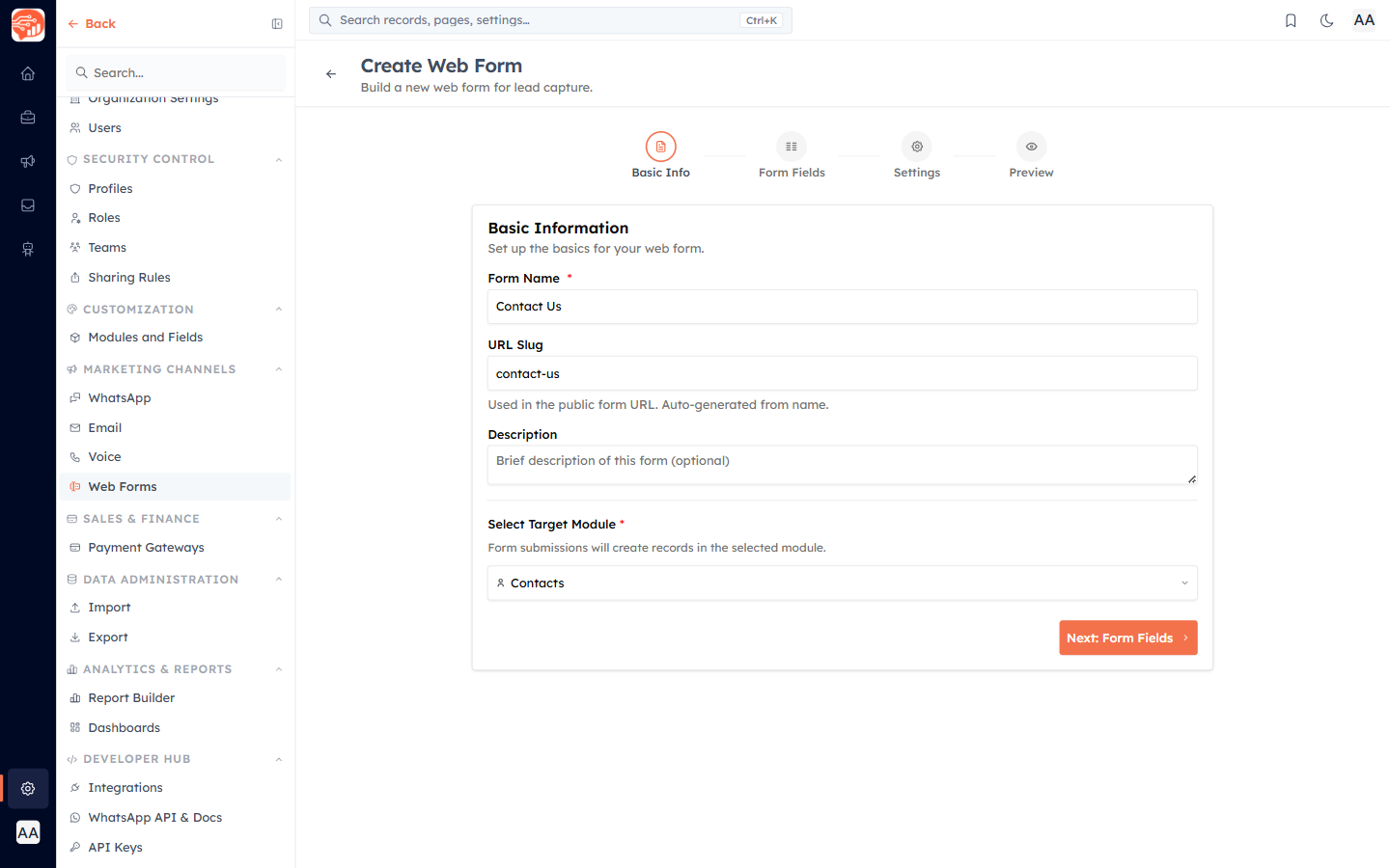 Step 1 Basic Information — form name, URL slug, description and target module