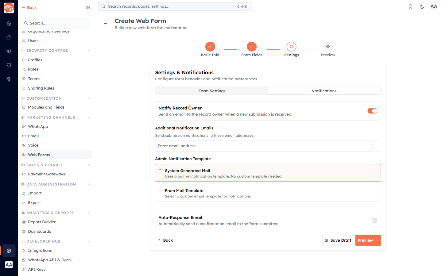 The Notifications tab — notify record owner, additional emails, admin template and auto-response
