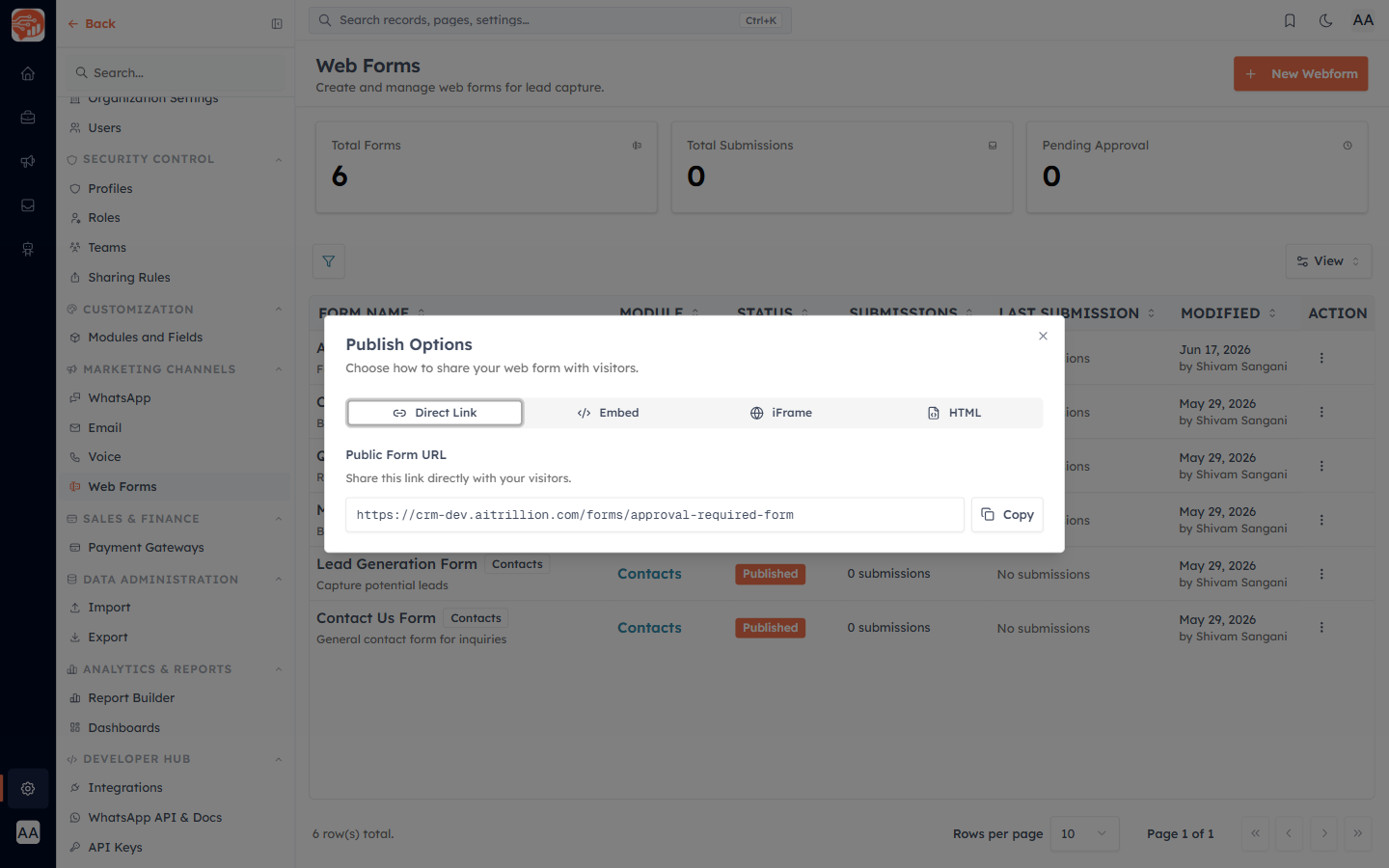 The Publish Options dialog with Direct Link, Embed, iFrame and HTML tabs
