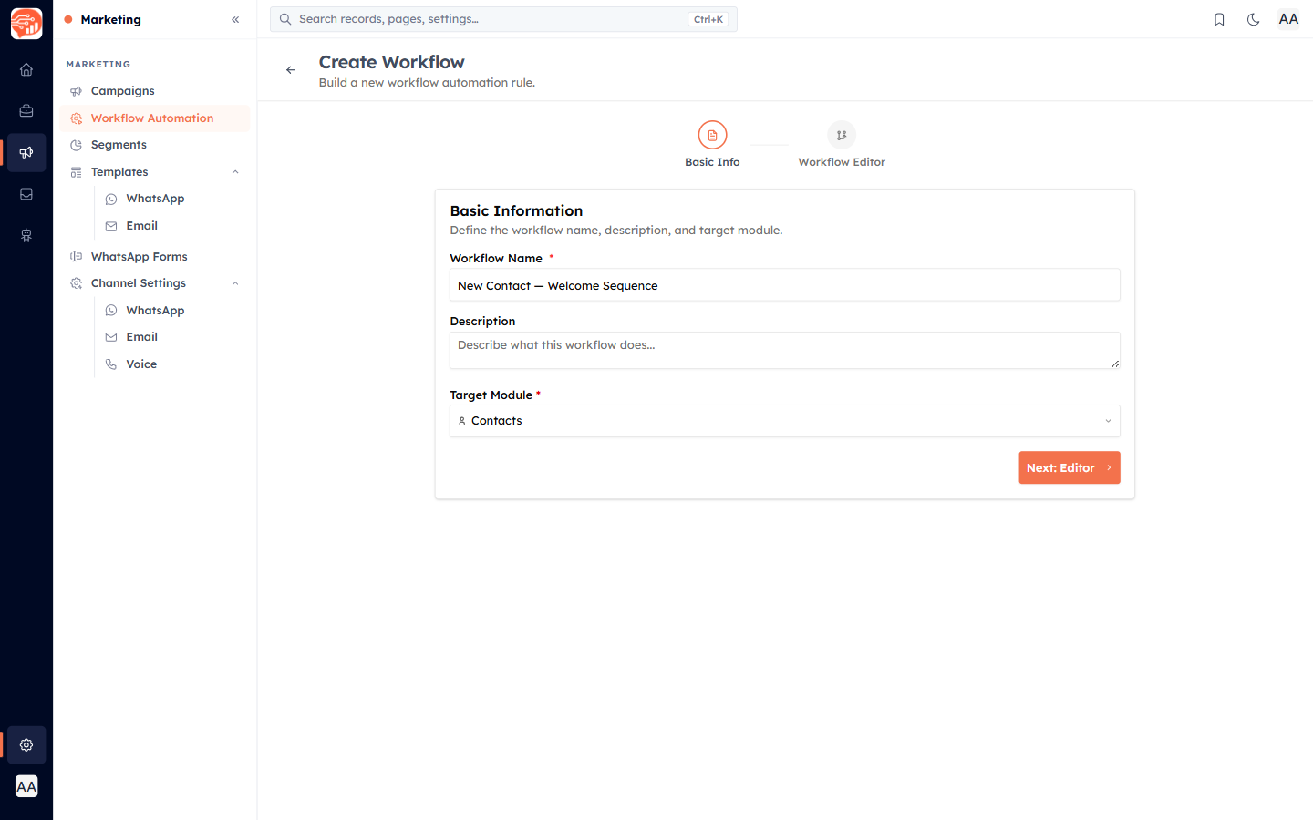 Step 1 Basic Information — workflow name, description, and target module selector