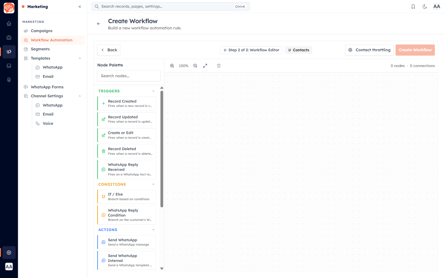 The three-panel workflow editor — node palette on the left, canvas in the middle, configuration panel on the right