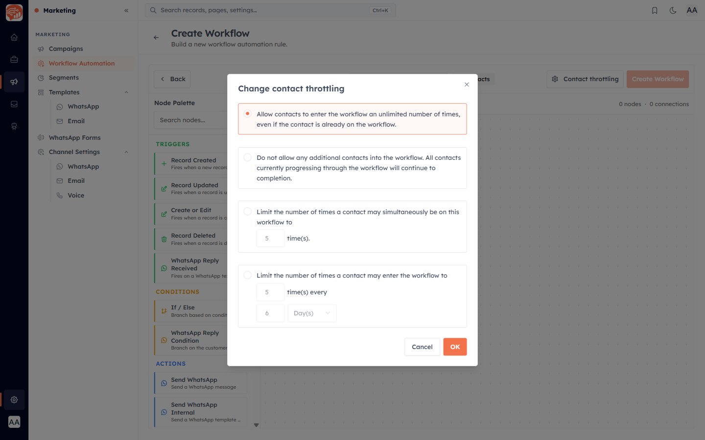 The Contact throttling dialog showing the four enrollment modes