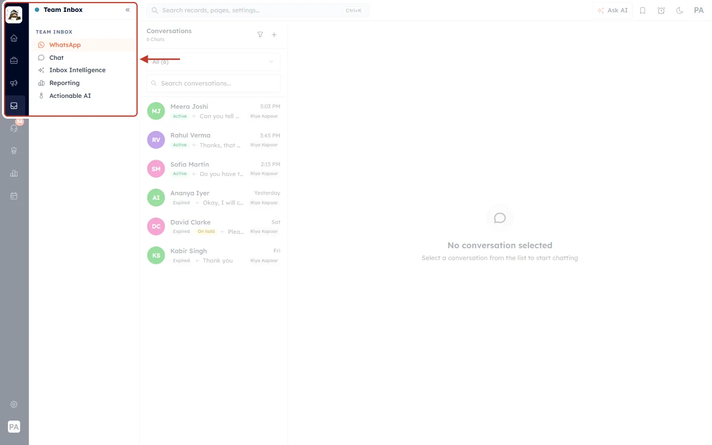 The Team Inbox menu