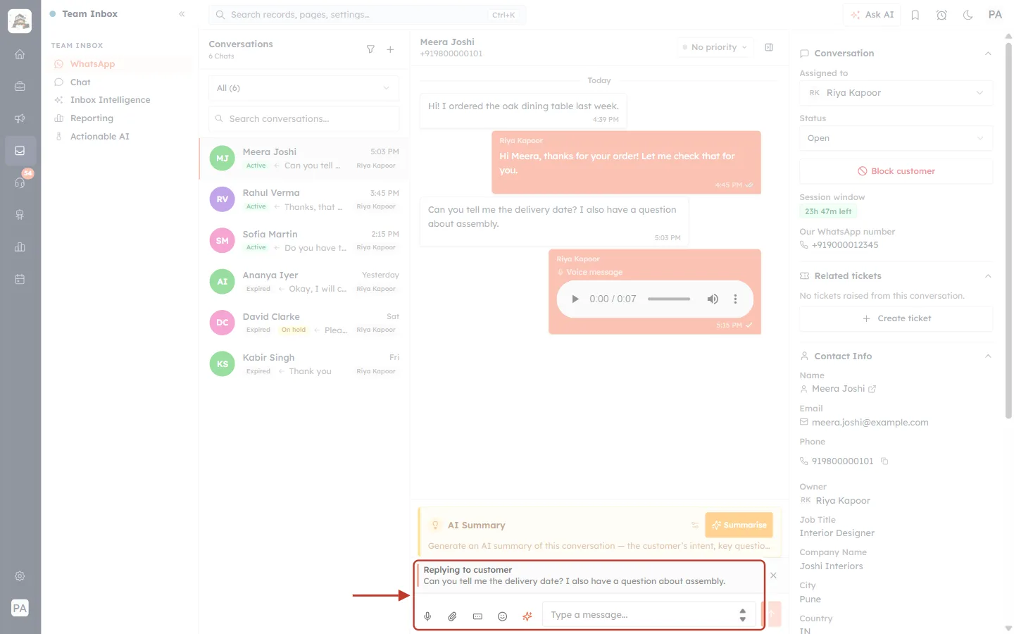 Replying to customer above the reply box