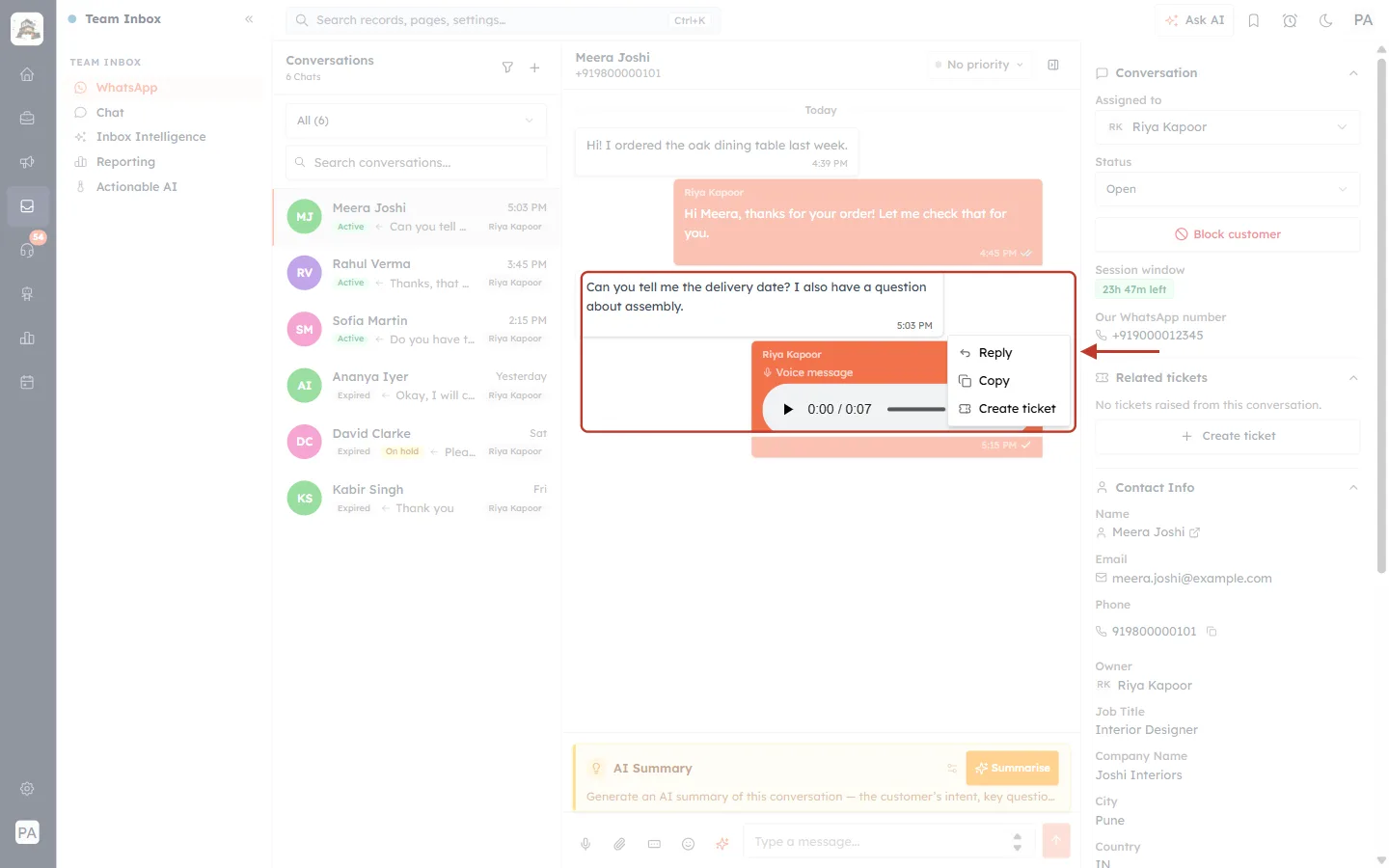 The message menu with Reply