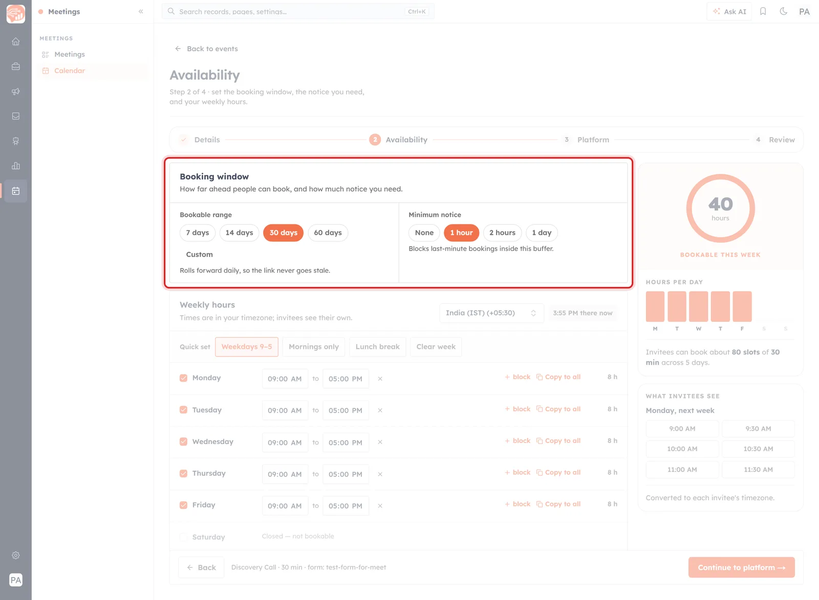 The Availability step with the Booking window block highlighted