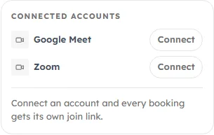 The Connected accounts panel, with a Connect button beside Zoom