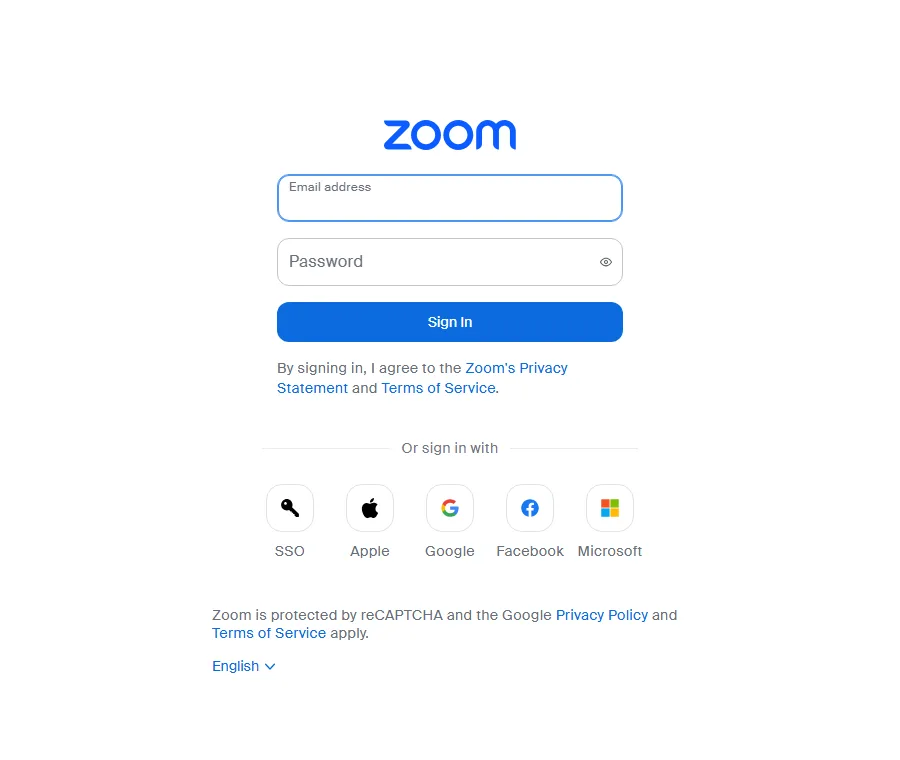 The Zoom sign-in window that opens, with email and password fields and the single sign-on options