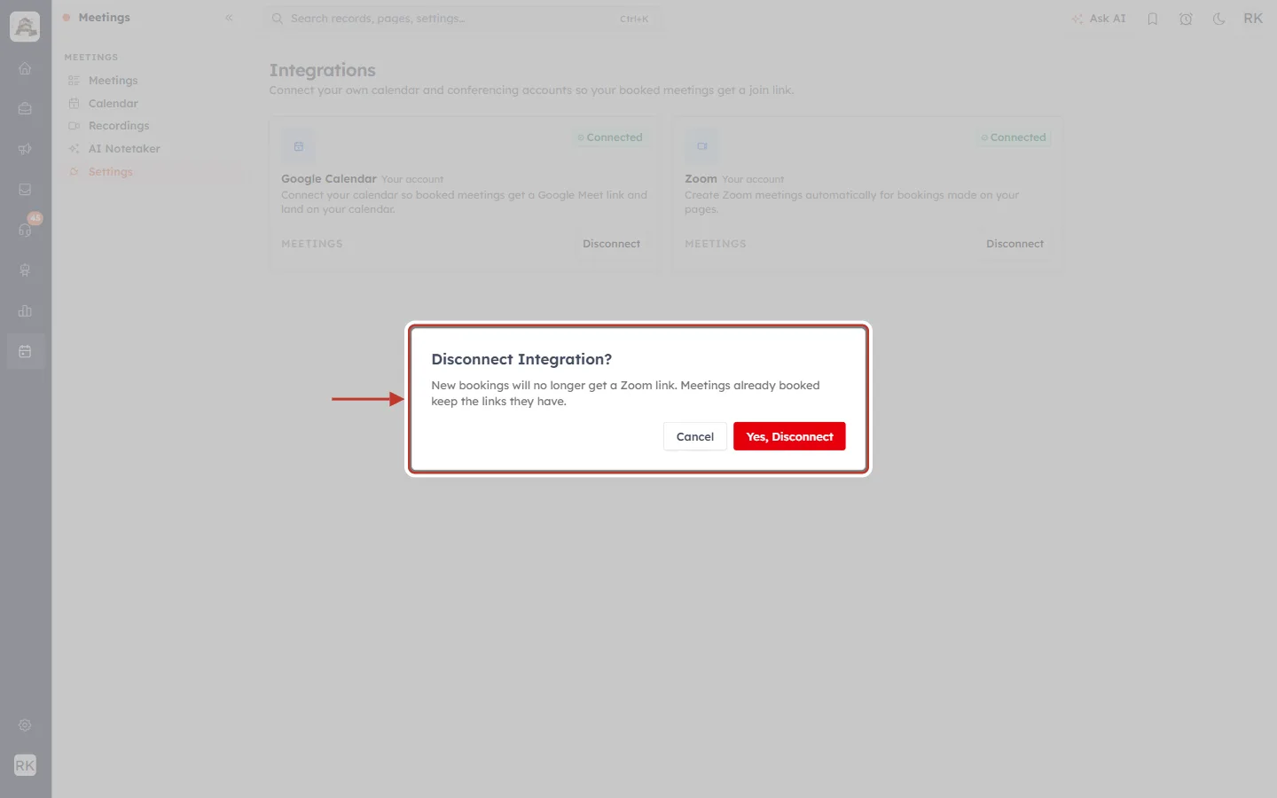 Disconnect Integration confirmation