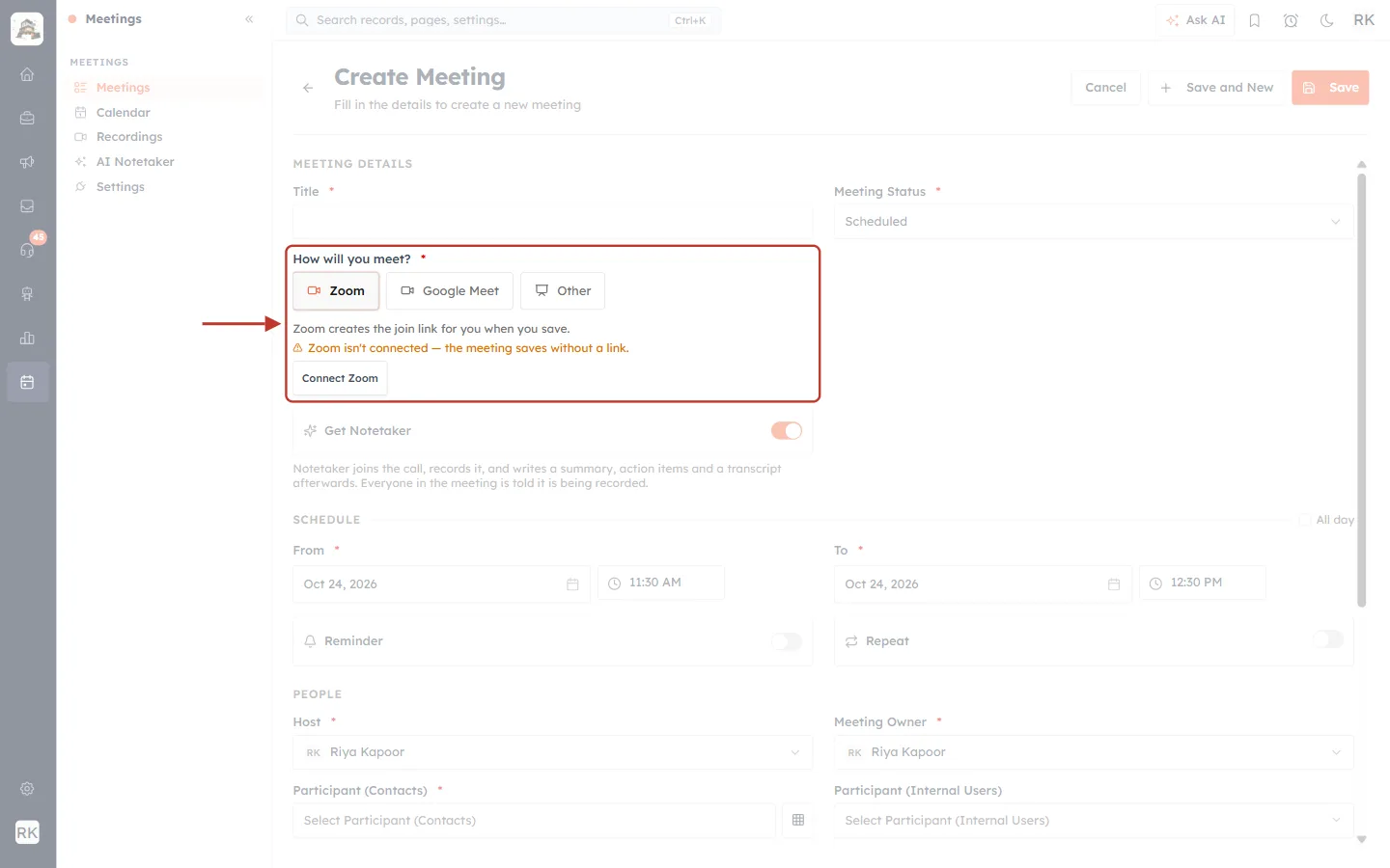 Create Meeting form warning that Zoom isn’t connected