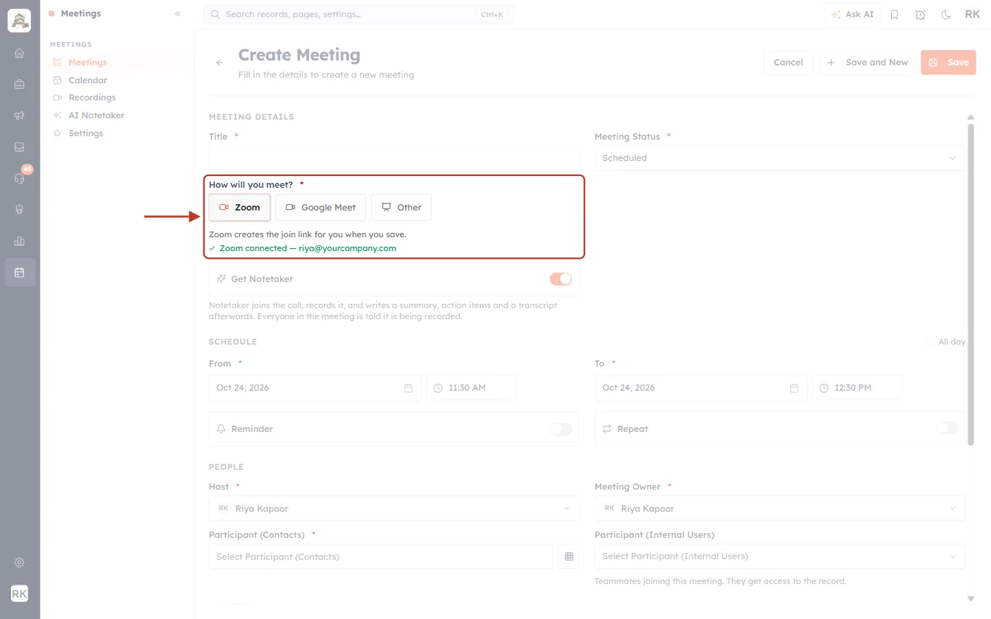 Create Meeting form with Zoom selected and connected