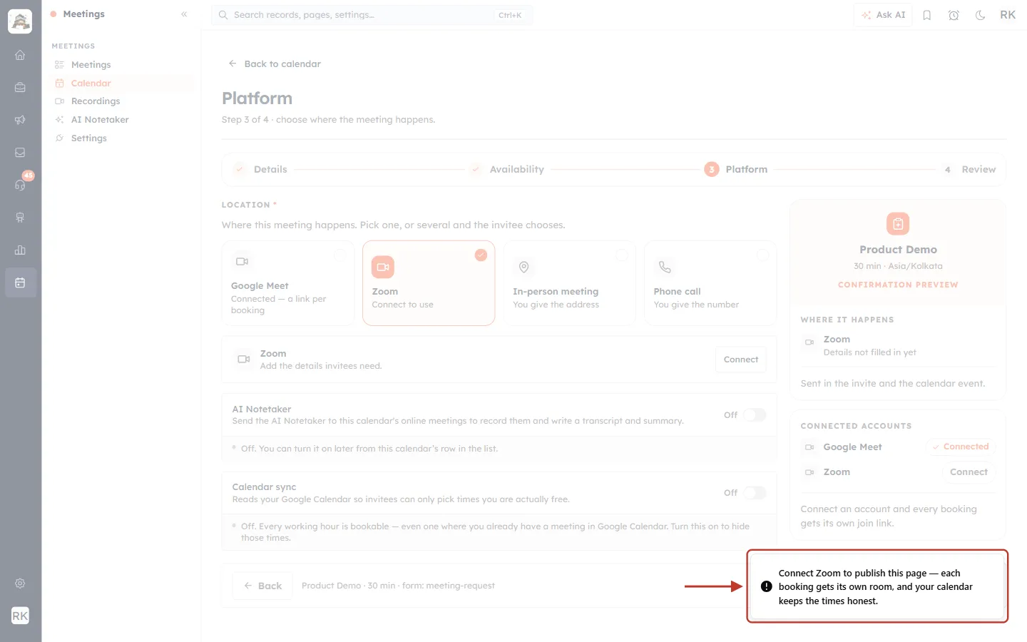 Message: Connect Zoom to publish this page