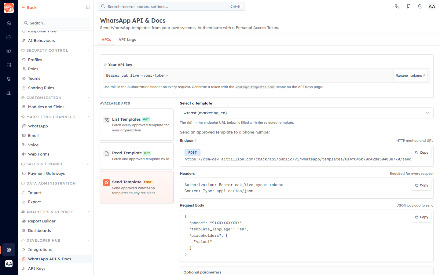 The WhatsApp API & Docs page — API key, endpoints and request body