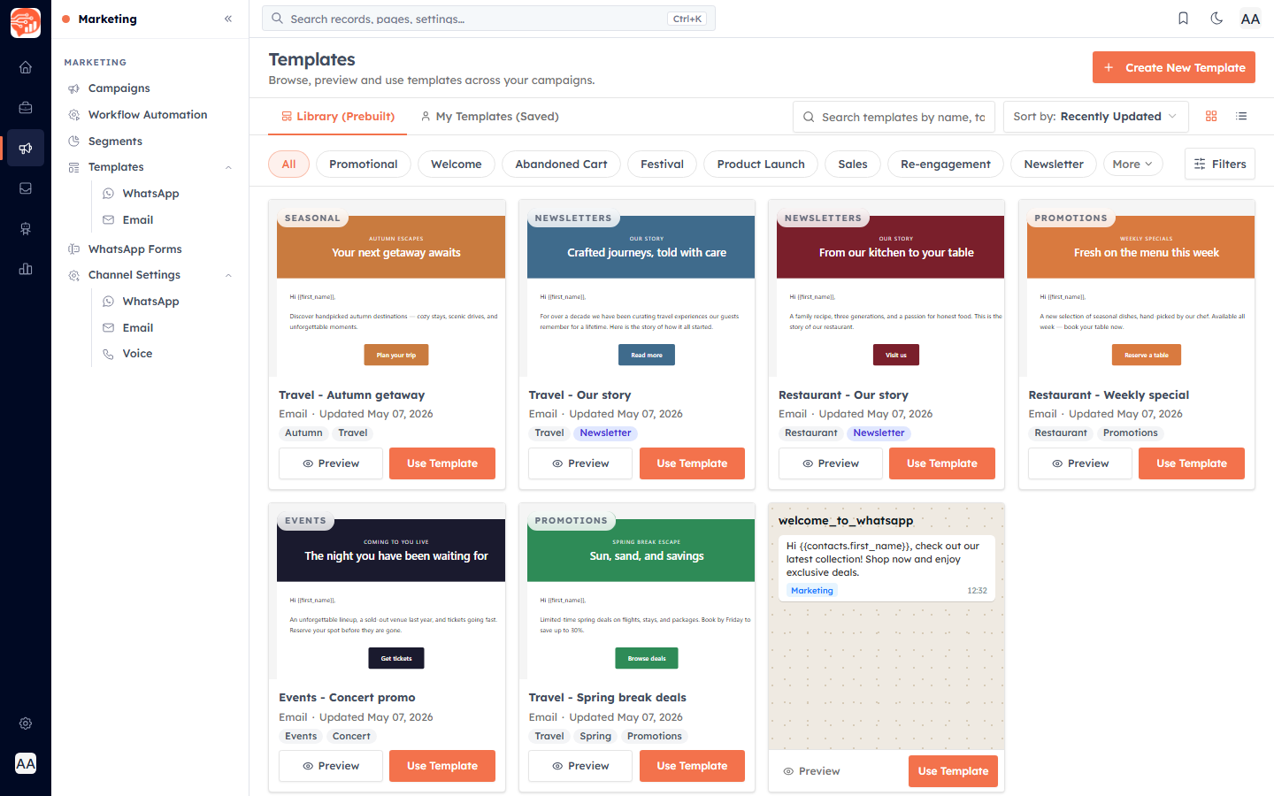 The Template Library — prebuilt email and WhatsApp templates