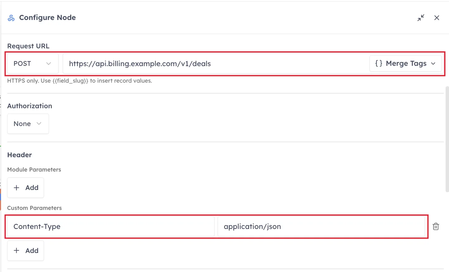 The Configure Node panel with red boxes around the POST method and Request URL, and around the Content-Type custom header row.