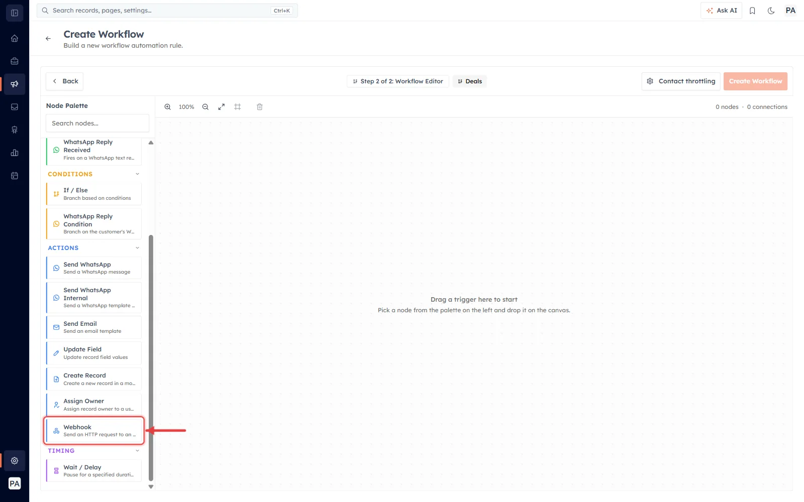 The node palette with a red arrow pointing at the Webhook action under Actions.