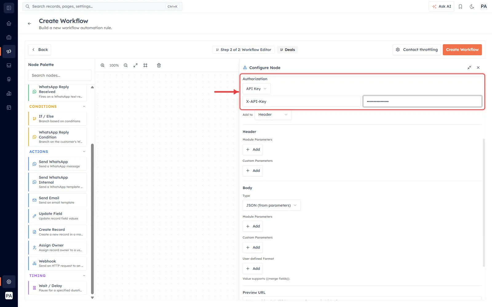 Authorization set to API Key with a red arrow pointing at the Key Name and Key Value fields; Add to is set to Header.
