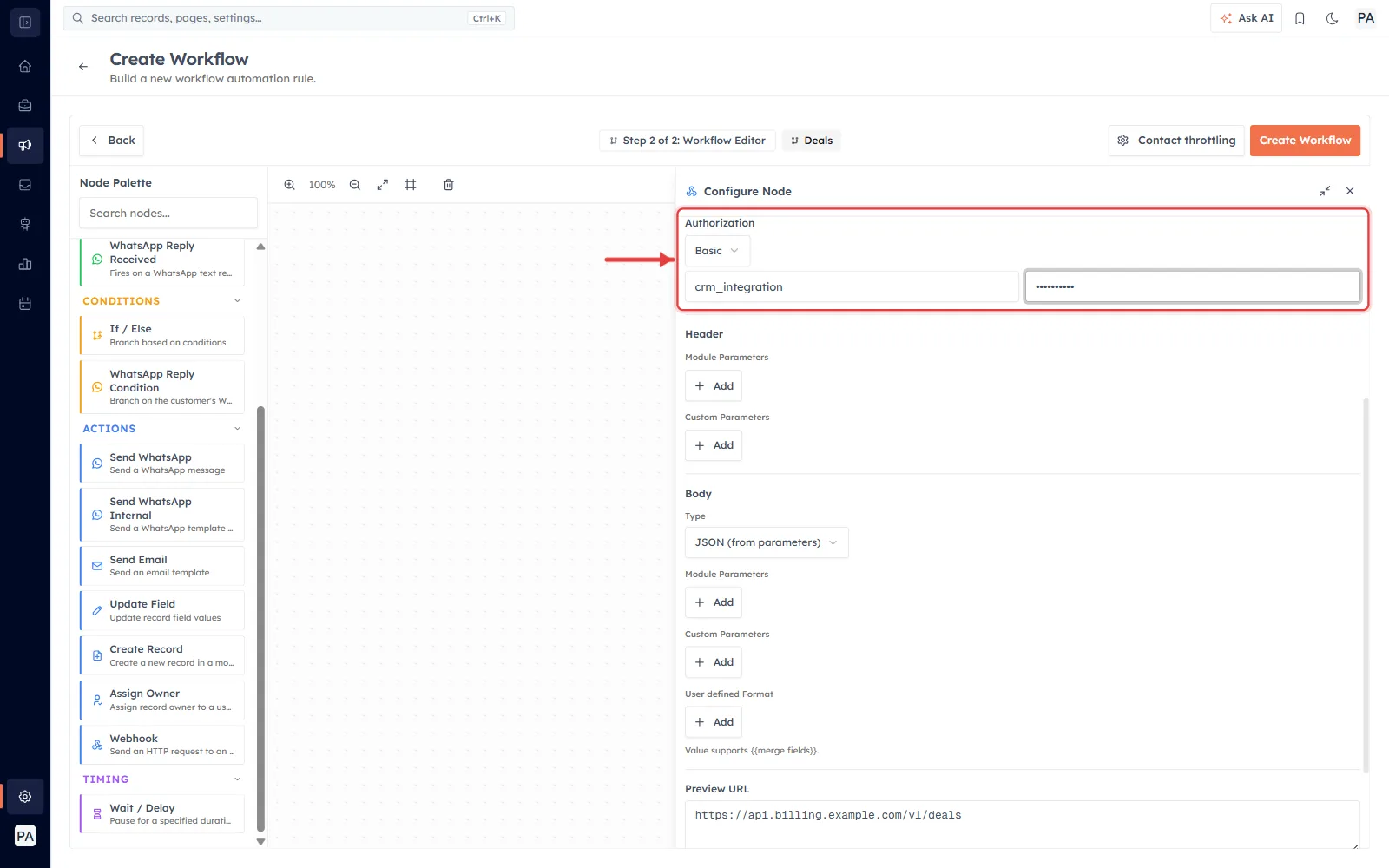 Authorization set to Basic with a red arrow pointing at the Username and Password fields.