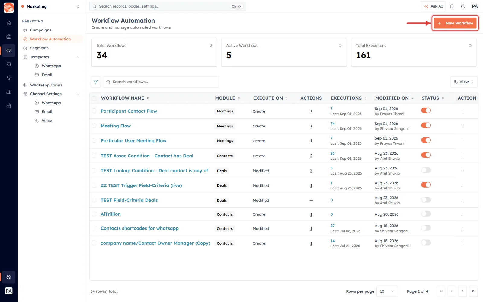 The Workflow Automation page with a red arrow pointing at the New Workflow button.