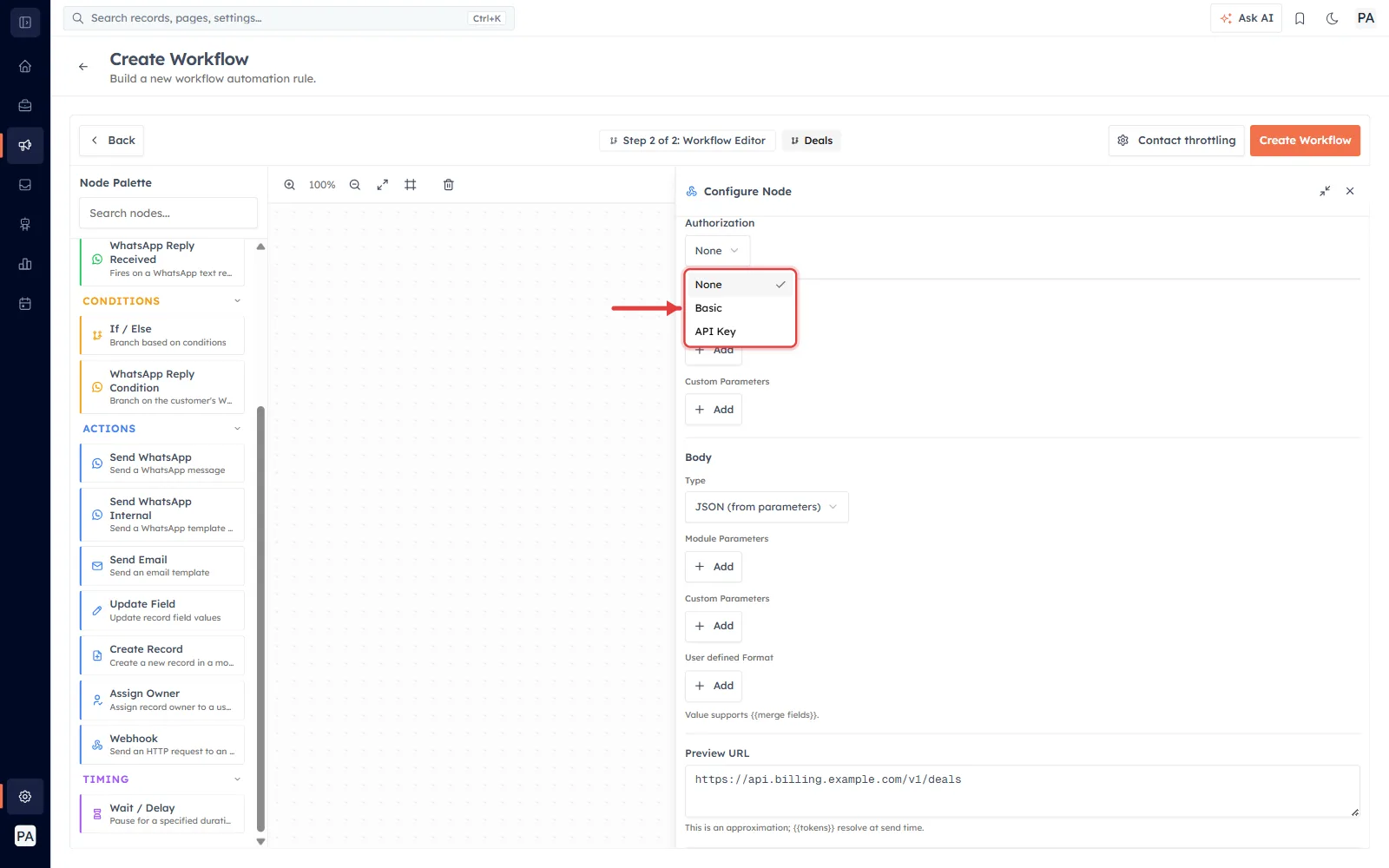 The Authorization dropdown open, with a red arrow pointing at the None / Basic / API Key options.