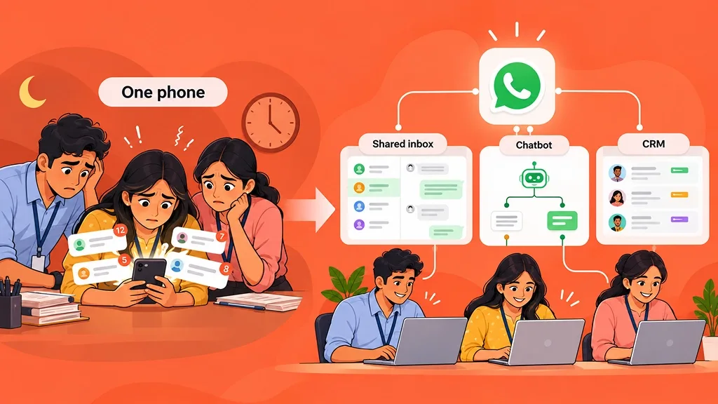 WhatsApp Business API connects one phone to a shared inbox, chatbot and CRM for the whole team